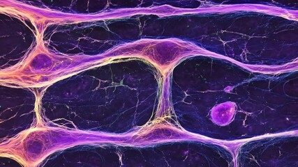 Close-up microscopic view of vibrant purple and pink cellular structures. Intricate network of branching filaments and clusters, with a dark background - Powered by Adobe