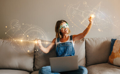 Excited woman using augmented reality interface with laptop at home