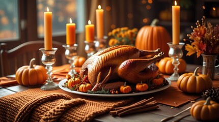 A stunning Thanksgiving chicken on a rustic dining table, autumn flowers, pumpkins, gourds, and candles.