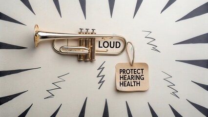 Trumpet cutout with a tag advocating hearing health