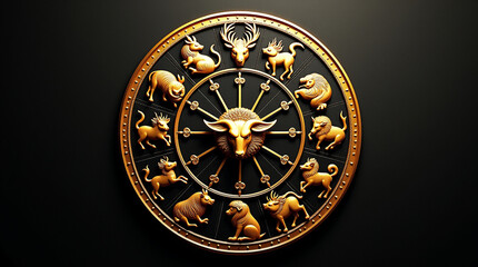 A golden zodiac wheel with a bull head center and twelve animal symbols on a dark background, highlighting detailed craftsmanship and cultural artistry, reminiscent of ancient traditions
