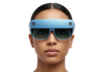 Isolated woman with augmented reality glasses on head, wearing sunglasses, futuristic tech