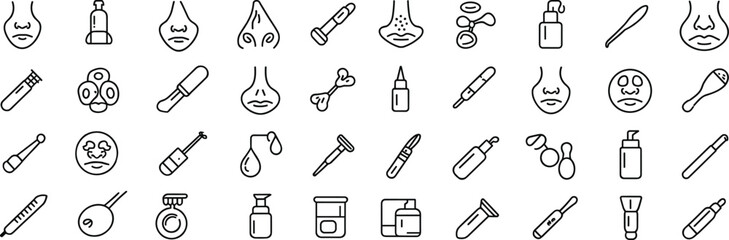 Skincare icon set, black and white grid of facial treatment tools, cosmetic containers, and beauty symbols, cad drawing flat vector illustration