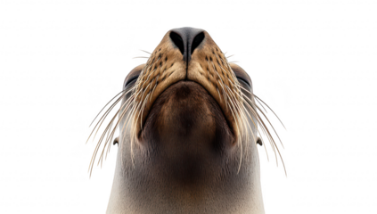 Close-up portrait of a majestic seal with prominent whiskers and a distinctive nose. set against a clean white background. its unique features and expressions