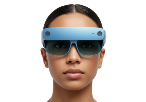 Isolated woman with augmented reality glasses on head, wearing sunglasses, futuristic tech