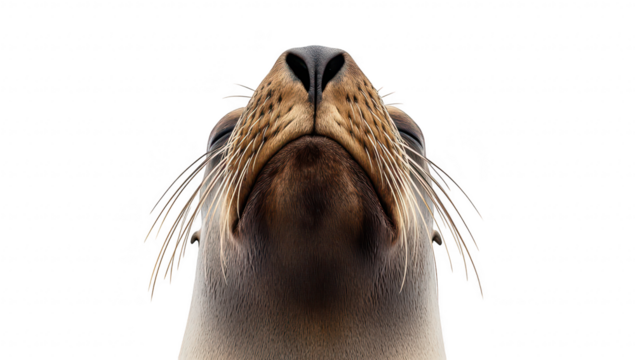 Close-up portrait of a majestic seal with prominent whiskers and a distinctive nose. set against a clean white background. its unique features and expressions