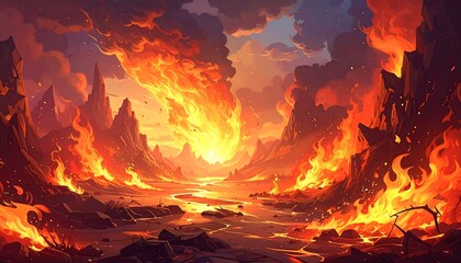 A hellish landscape depicts a fiery vortex erupting from a molten river between jagged cliffs, engulfed by ominous clouds