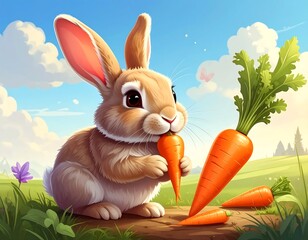 Cute bunny eating carrots in a sunny meadow