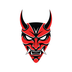 Fierce red oni mask with sharp teeth and horns