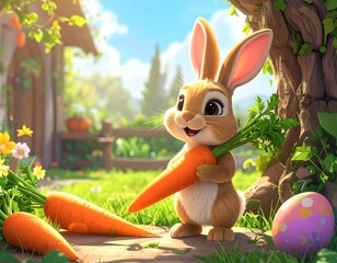 Cute bunny holding carrots in a spring garden