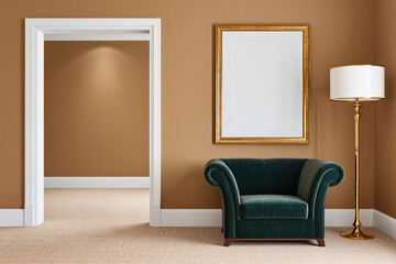 Real estate marketing image showcasing furnished interior with framed artwork space and open doorway perfect for property agencies promoting apartment rentals or sales in premium housing markets