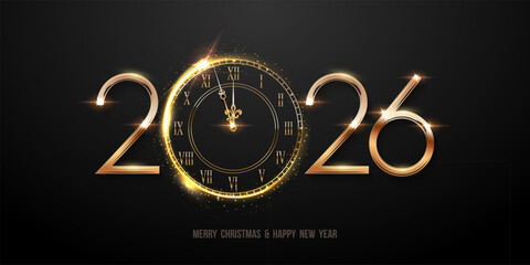 2026 Happy New Year greeting card vector illustration. Festive Christmas social media banner. 2026 clock countdown background with golden numbers, clock and congratulation text on black.