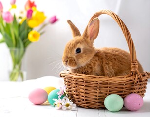 Cute bunny in a basket with Easter eggs and flowers