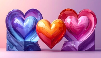 A digitally rendered image featuring three heart shapes with layered structures, gradients, and glossy surfaces. The color palette is vibrant