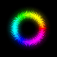 Glowing color ring. Vibrant circular spectrum with radial light beams on black background. Neon rainbow wheel for digital art, color theory, design, technology. Abstract vector illustration.