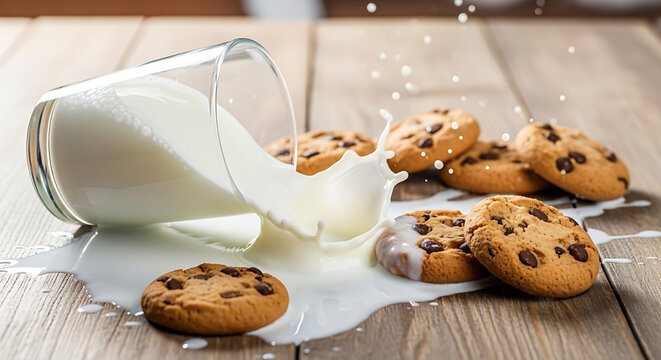 Spilled Milk & Cookies : A glass of milk tips over splashing among chocolate chip cookies on a rustic wood surface
