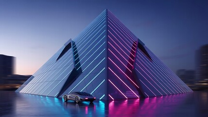 Futuristic pyramid building with neon lights and car
