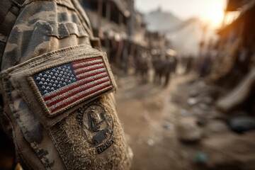 Close-up of American Flag Patch on Camouflage in Urban Environment