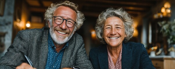 Smiling elderly couple signing documents at a cozy interior setting