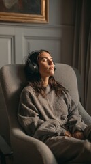 Fototapeta premium A woman relaxes in a cozy armchair, wearing headphones while enjoying her favorite music or podcast, embodying tranquility and self-care in a beautifully lit room.