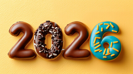Vibrant year-end celebration with glossy donuts, sprinkles, and bright icing forming a festive 2026 display.