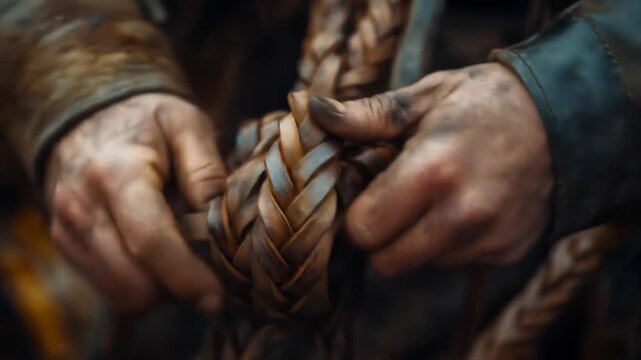 Close-up of a braided rope or cord, intricate weave