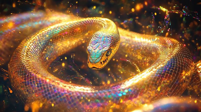 the picture shows a golden snake body in the middle of the picture, without a head, as if looking for soing