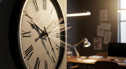 A close - up of an antique clock face shows the time in a warm - toned room Time is of the essence in a modern office setting