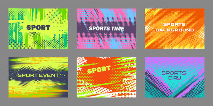 Grunge halftone sport banners. Abstract sports backgrounds, dynamic event posters, colorful promotion flyer templates with halftone dots and distressed paint brush strokes vector set