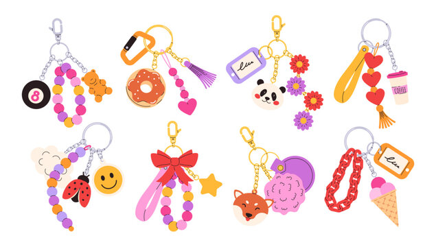 Cute cartoon keychains. Kawaii keychain charms, adorable keyrings for girls and cartoon charm accessories with animal faces, beads and tags isolated vector illustration set