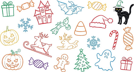 Fototapeta premium Vector art of assortment of holidaythemed cartoon drawings