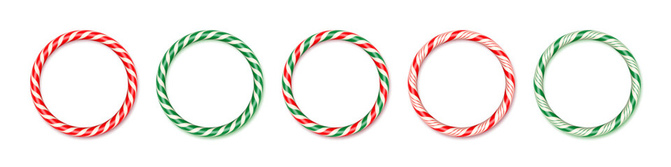 Candy cane circle frames in red, green, and mixed colors with twisted stripe design. Round Christmas borders for festive labels, tags, or holiday messages. Realistic vector illustrations set.