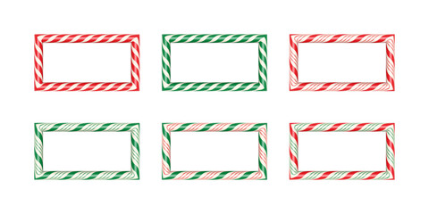 Colorful candy cane borders in red, green, and white stripes. Festive rectangular frames with twisted peppermint design for holiday cards, or Christmas decor. Realistic vector illustrations set.