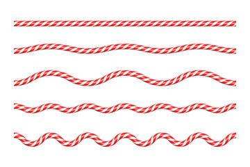 Red and white candy cane ropes in various wave patterns. Festive twisted lines with increasing curvature for Christmas borders, dividers, decorative holiday designs. Realistic vector illustrations