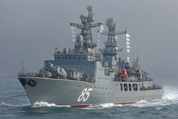 Large Navy Warship Numbered 85 Navigating Calm Waters in Overcast Weather