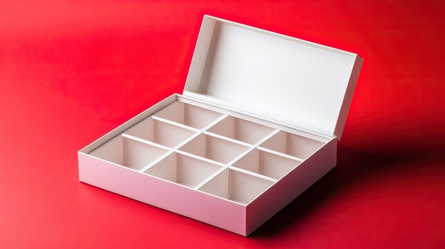 tray style white paper box, open, containing 9 equal divided sections