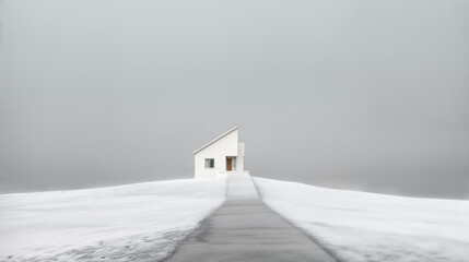 Minimalist landscape of a small modern home or cabin set against a vast snow-covered landscape.