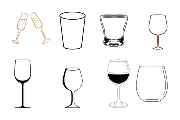 Collection of various drinking glasses and champagne flutes in a line drawing style