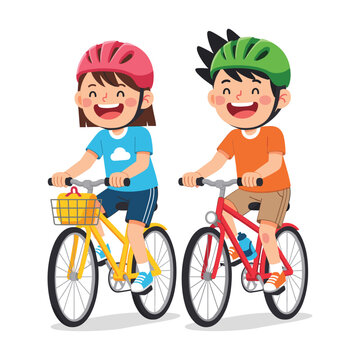 Happy children wearing helmets riding bicycles together outdoors, active lifestyle concept