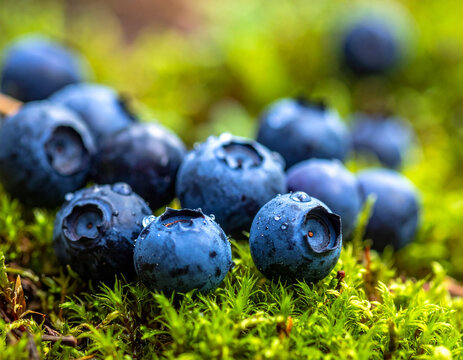 Macro close-up of wild blueberries scattered on moss with natural forest background
