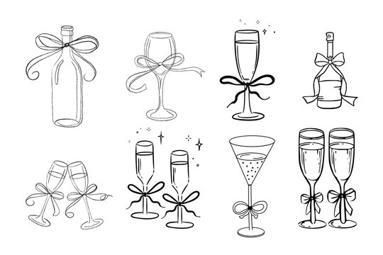 Hand drawn champagne bottles and glasses with ribbons and bows