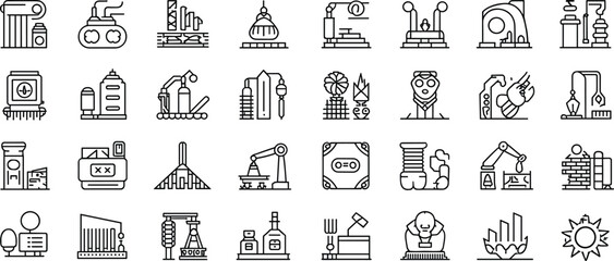 Technology icon set, robotics and industry line art, futuristic machinery, automation symbols, minimal vector illustration, engineering tools, digital interface, science concept design