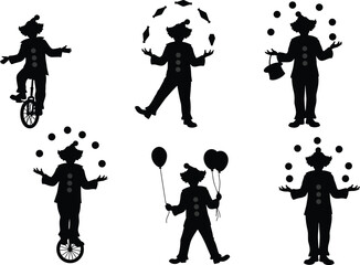 Silhouettes of Clowns Juggling and Performing Circus Tricks, Vector Illustrations of Performers with Balloons and a Unicycle on White Background