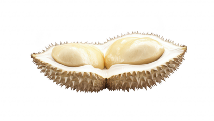 A close-up view of a freshly opened durian fruit its creamy yellow flesh. set against a clean white background. ideal for culinary and exotic fruit-themed content
