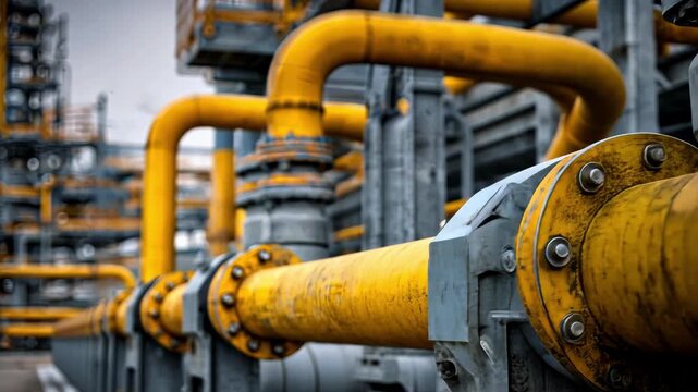 Industrial oil and gas refinery with yellow pipelines and industrial equipment, 4k video
