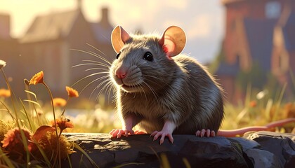 A digitally rendered rodent with whiskers sits on a stone, bathed in warm sunlight. Houses and blurred foliage populate the background