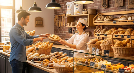 A bakery scene shows a friendly transaction between a customer and baker surrounded by various breads and pastries on display