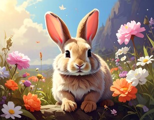 Cute bunny in a vibrant flower field