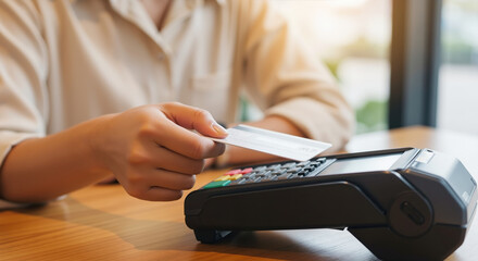 Woman making contactless payment with credit card using pos terminal machine. Digital transaction and cashless payment method for retail shopping and business services