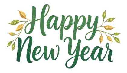 Green leafy "Happy New Year" text with stars on black background.
